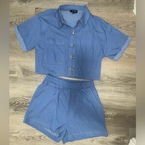 Two-Piece Blue Lounge Set | Cropped Button-Up & Shorts